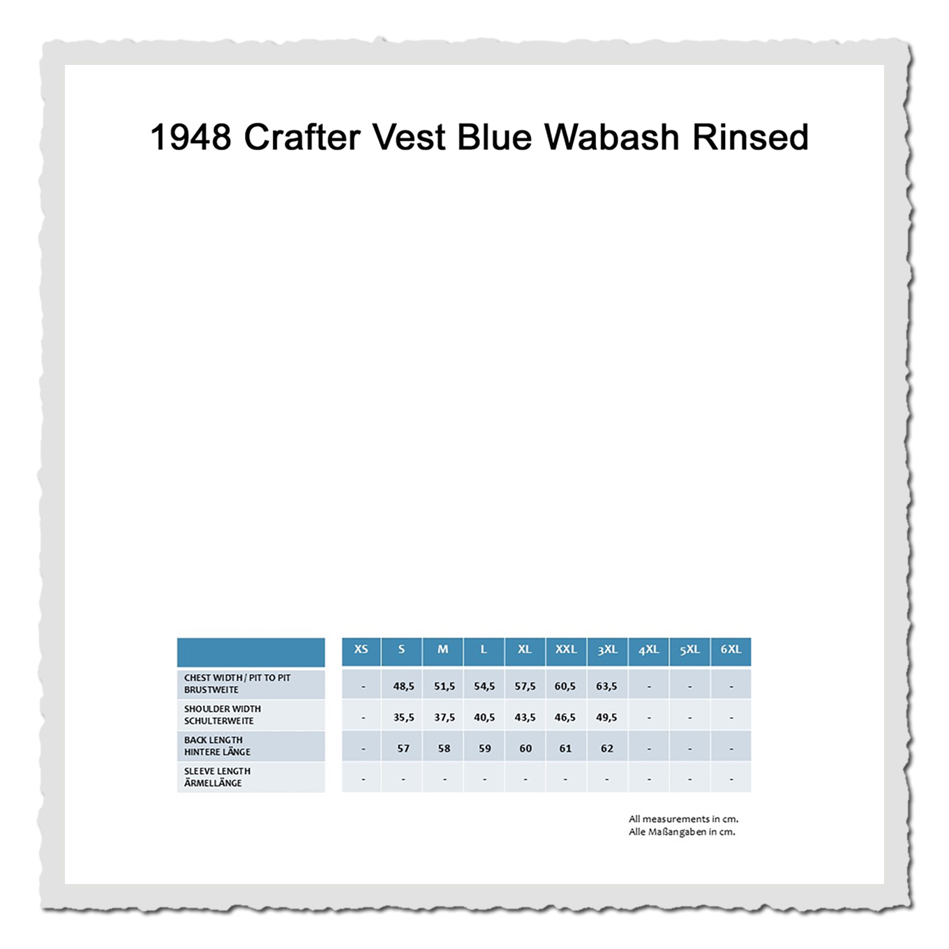 Größentabelle als Grafik: Maße für 1948 Crafter Vest, Spalten XS bis 6XL, Angaben in Zentimetern.